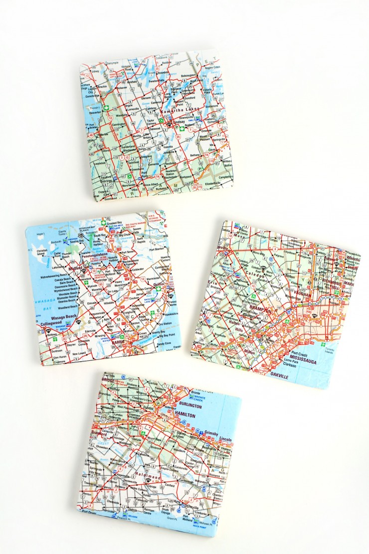 Upcycle old maps to create fun and pretty map coasters. Use local maps or maps from your travels to create these diy unique pieces. 