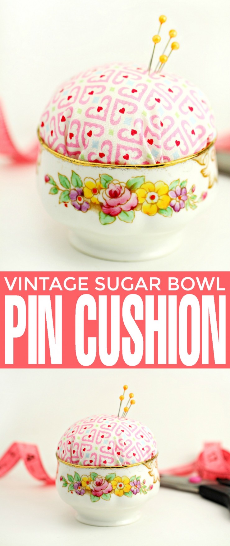 This Vintage Sugar Bowl Pin Cushion is a really cute but practical and cheap DIY project that would make a great gift for anyone who loves to sew.