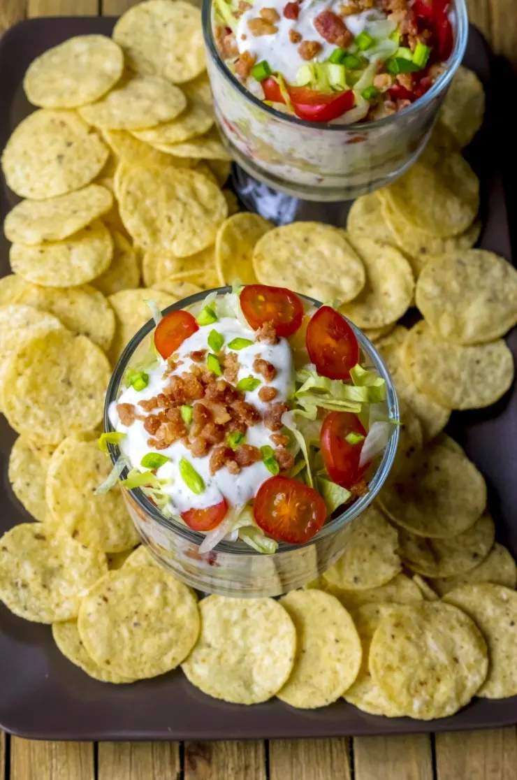 Fans of bacon, lettuce and tomato sandwiches will fall for this creamy, layered and easy BLT Dip recipe. Salty, crisp bacon and fresh tomatoes in a creamy dip make this BLT Dip recipe amazing. Perfect easy appetizer to serve at parties!