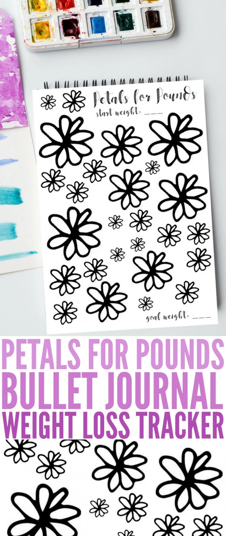 Bullet Journaling is huge right now and for good reason. This "Petals for Pounds" Bullet Journal Weight Loss Tracker page is perfect to help you hit your  New Year's weight loss goals and resolutions. Journalers can use this tracker to colour in and track pounds lost towards their goal weight.