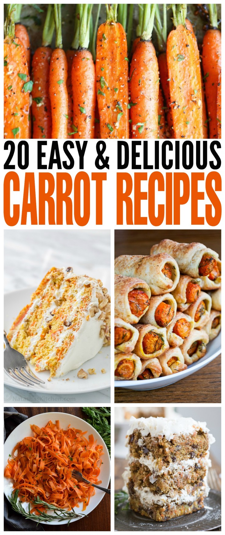 20 Easy & Delicious Carrot Recipes from Food Bloggers including roasted carrots, carrot cake, carrot muffins, carrot soup and more! Crunchy, caramelized, savoury and sweet -  we've got 20 ways to get creative in the kitchen with carrots!