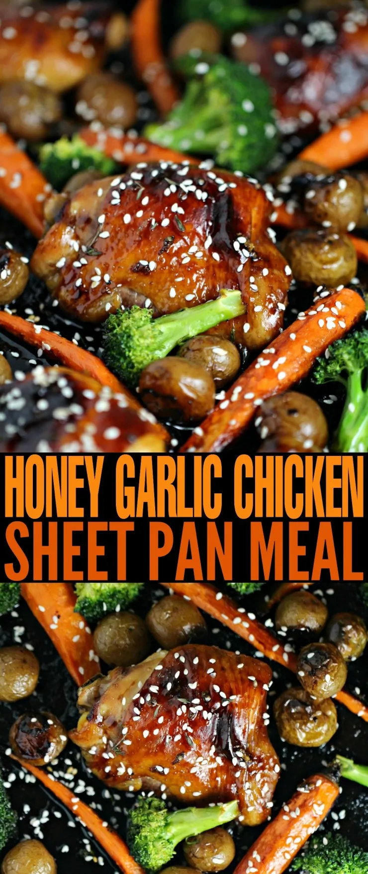 This Honey Garlic Chicken Sheet Pan Meal is complete with carrots, broccoli and baby potatoes. It's full of flavour, and quick and easy.