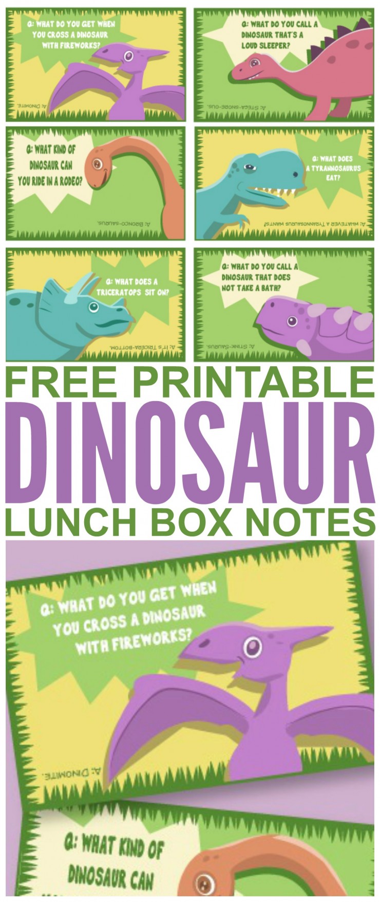 Free Printable Dinosaur Lunch Box Notes - super cute dinosaur themed jokes perfect for tucking into your kids lunch!