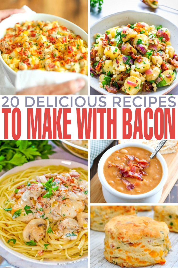 I gathered a collection of 20 delicious recipes you can make with bacon. From delicious potato salads and savoury bacon wrapped tater tot bombs to homemade bean soups and even bacon lo mein, these ideas will take you dinner from boring to fantastic.