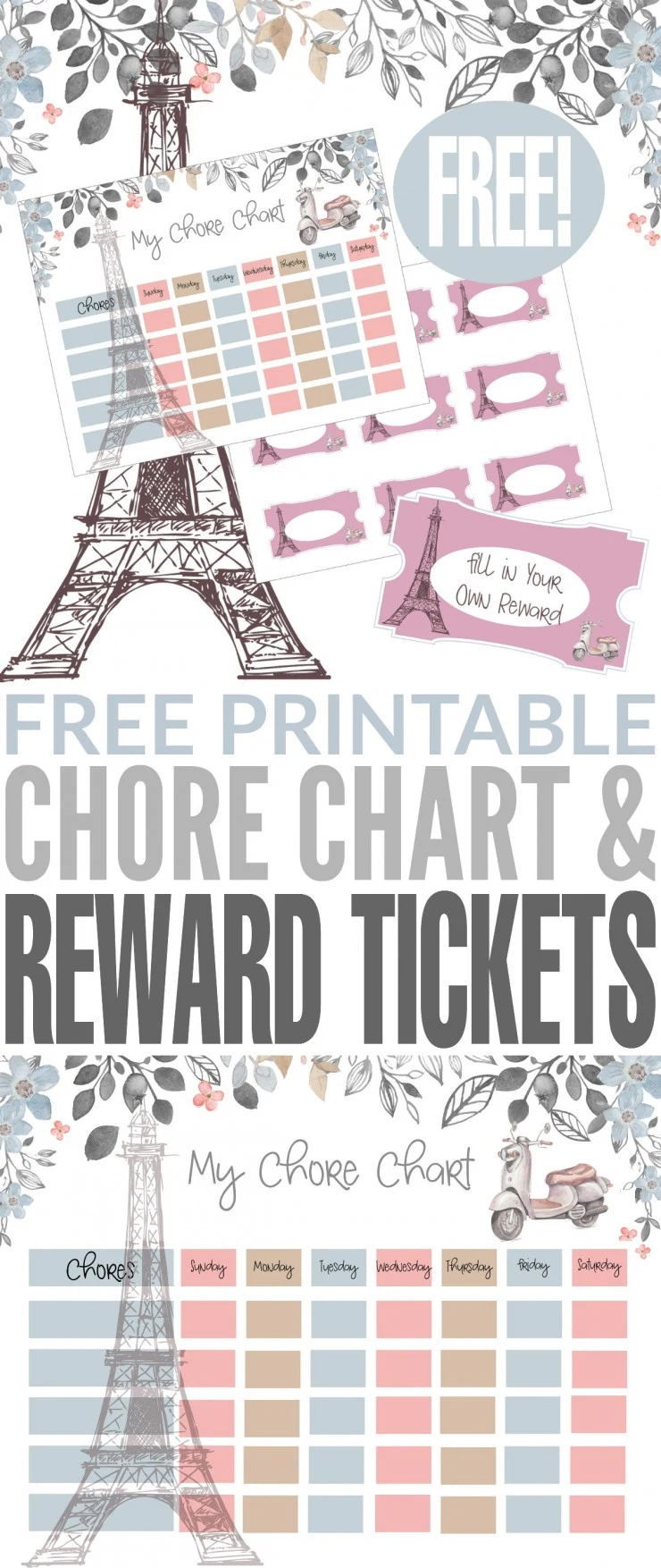 These Paris themed Free Printable Chore Chart & Reward Tickets are so cute don’t you think? They are a great way to encourage your children to track and complete chores.