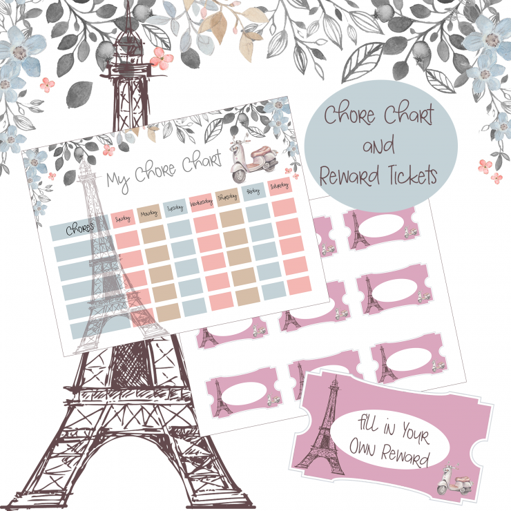 These Paris themed Free Printable Chore Chart & Reward Tickets are so cute don’t you think? They are a great way to encourage your children to track and complete chores.