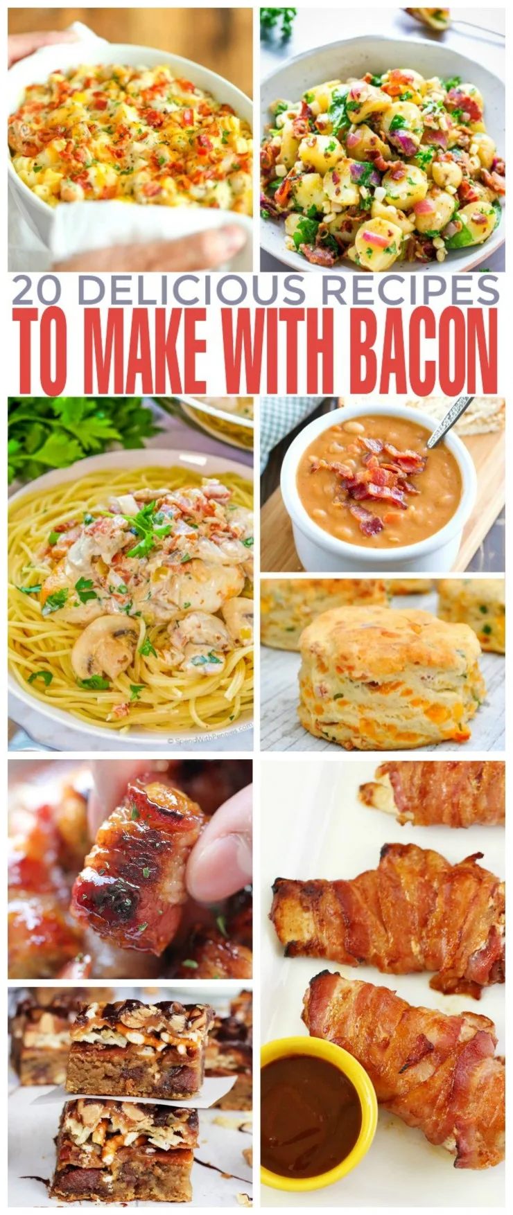 I gathered a collection of 20 delicious recipes you can make with bacon. From delicious potato salads and savoury bacon wrapped tater tot bombs to homemade bean soups and even bacon lo mein, these ideas will take you dinner from boring to fantastic.