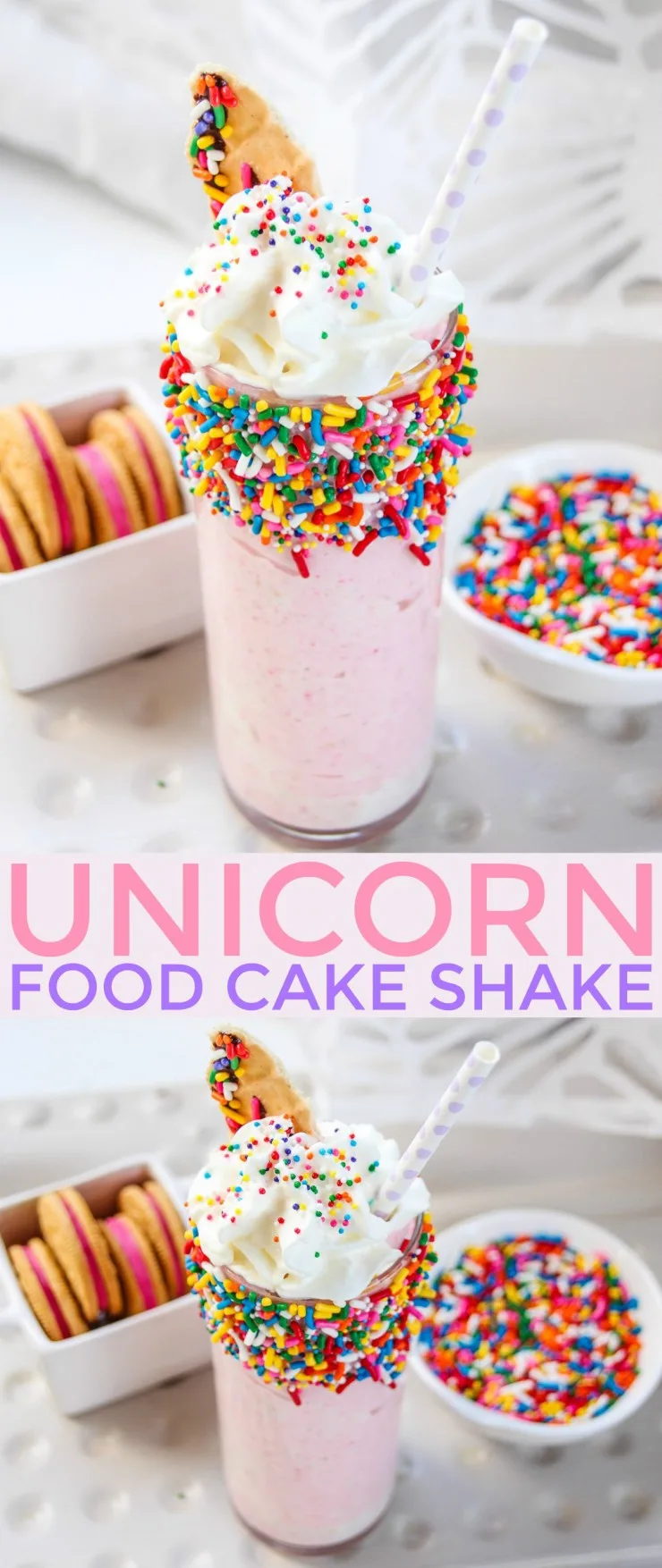 This Unicorn Food Cake Shake is the perfect addition to any unicorn themed birthday party or for anyone addicted to everything and anything unicorn. This milkshake doesn't only look adorable, it tastes delicious too!