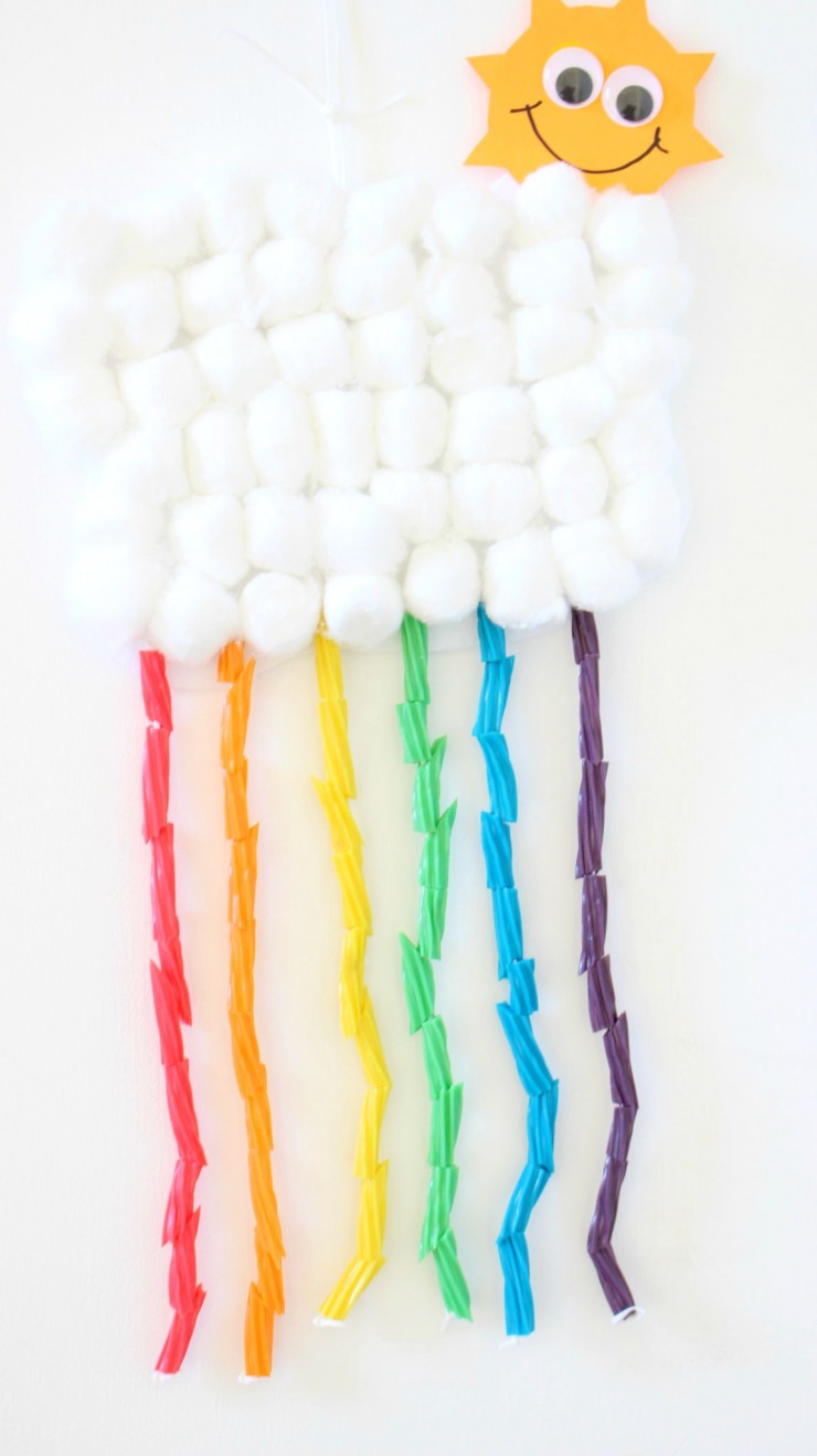 This Rainbow Cloud Mobile kids craft is a fun project for a rainy spring afternoon with preschoolers and older children. This sweet cloud and twizzler rainbow craft for kids is a great spring project!  