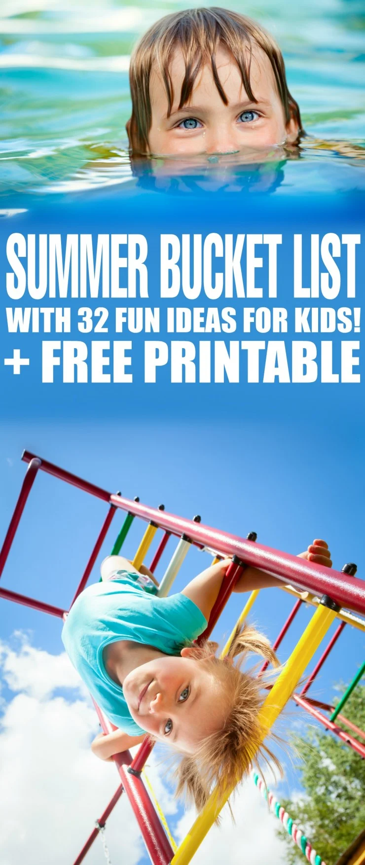 Grab this free Printable Summer Bucket List with 32 Fun Ideas for Kids that will help keep your kids busy all summer long!
