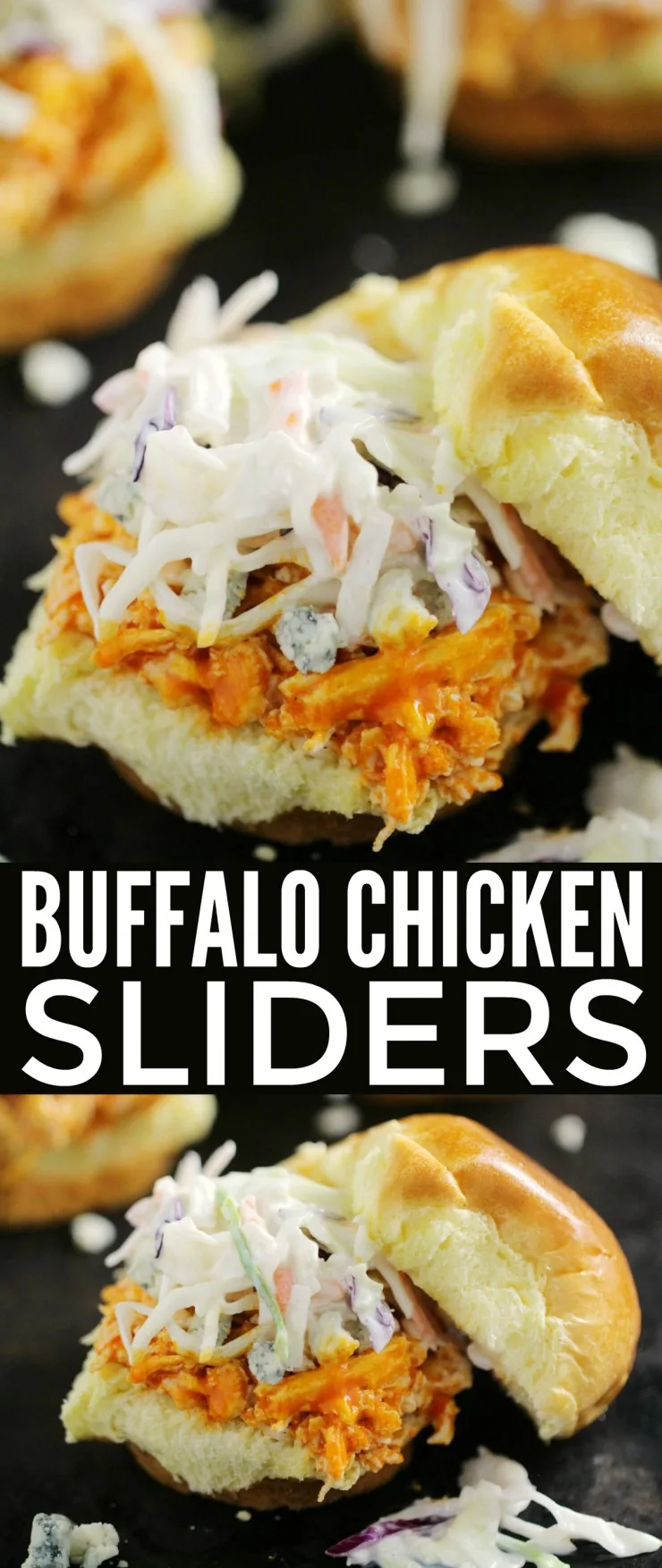 These Quick and Easy Buffalo Chicken Sliders are an easy weeekday meal recipe that easily transition to party appetizer! They come together lightning fast with just a few simple ingredients like shredded chicken, semi-homemade buffalo sauce, and your favourite toppings!