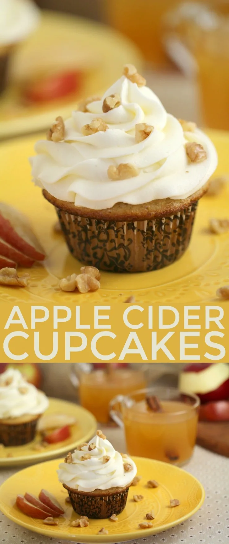 These Apple Cider Cupcakes are full of fall flavours - warm spices, apple cider, and walnuts come together in this sweet fall dessert. Can we talk about how perfect this and so beyond "pumpkin spice" for fall? Yeah. I went there. These cupcakes are way yummier, and good enough to be Thanksgiving dessert!. 