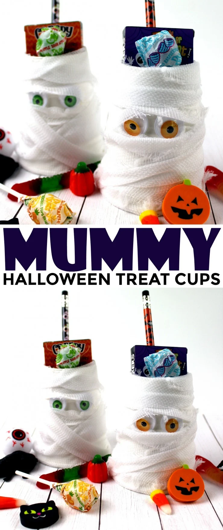 This Mummy Halloween Treat Cups kids craft is a great way to celebrate the holiday - they are a fun little Halloween craft kids will enjoy being creative with. They are great for Halloween party favours!