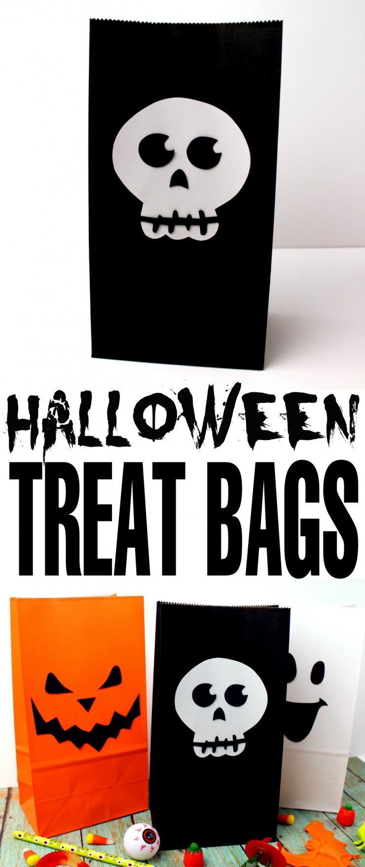 These Halloween Treat Bags are a fun Halloween craft for kids or parents - a fun way to present class Halloween treats or as Halloween party loot bags! Super simple and with free printable templates, these bags are a breeze to put together!