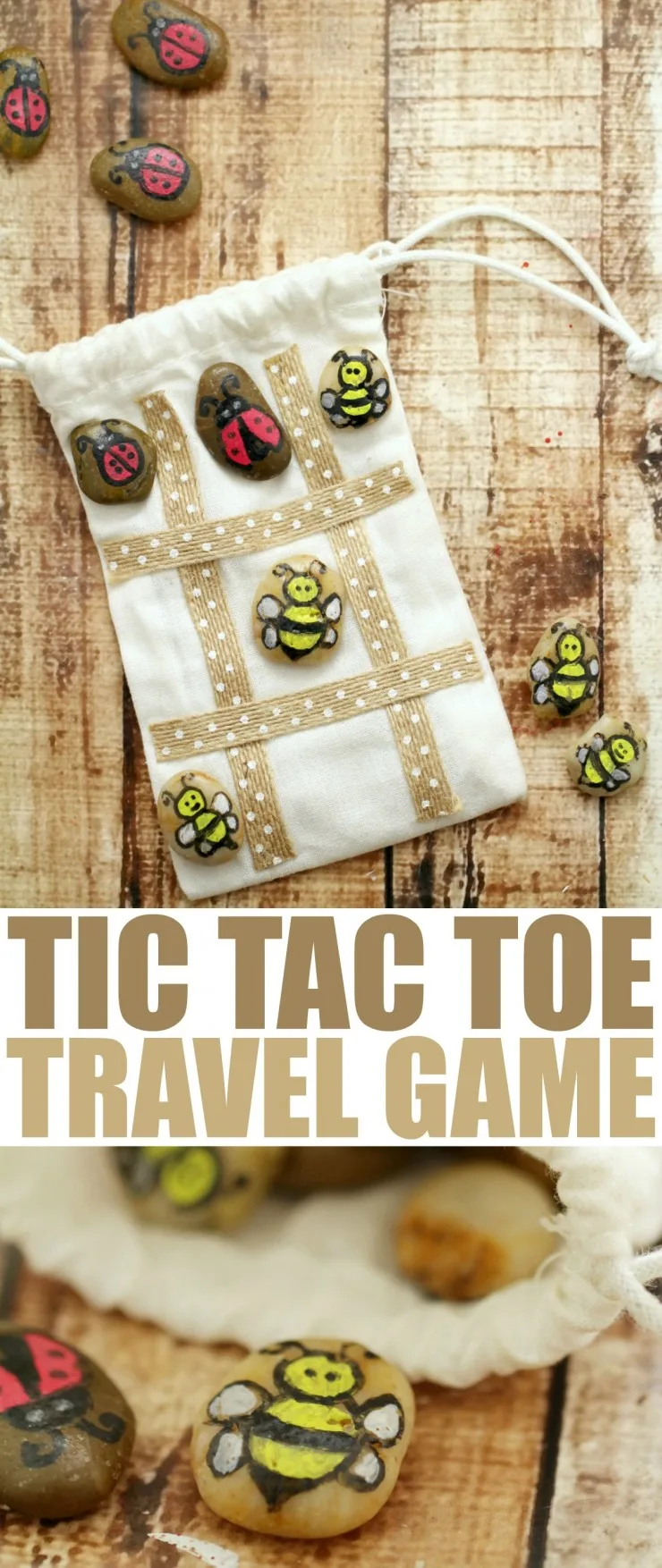 Make your own hand painted tic tac toe travel game to play with at home or on the go. The stone pieces easily store inside their bag which doubles as the play area.