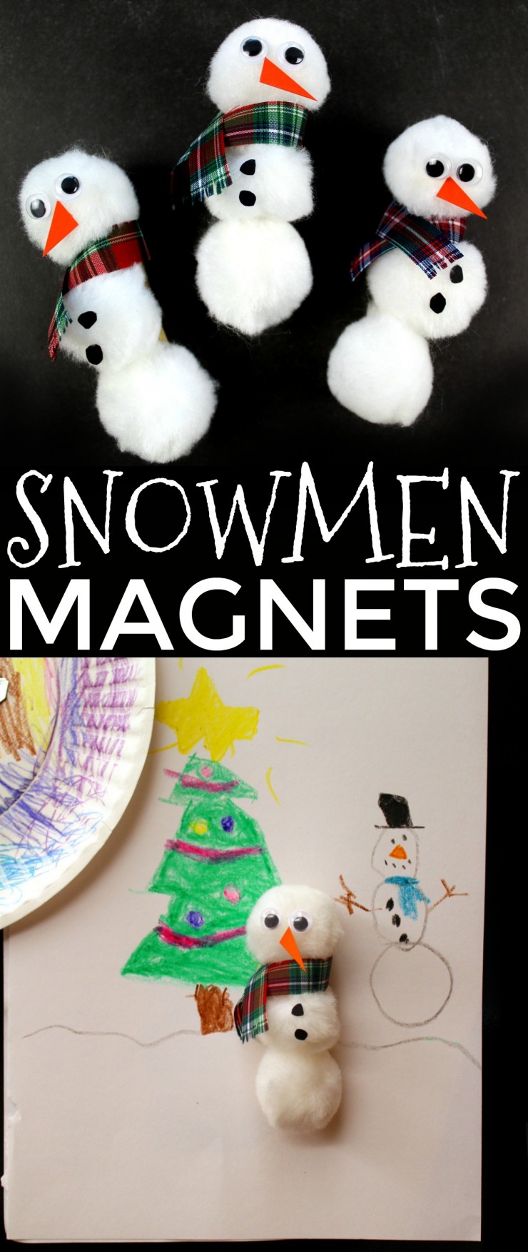 These adorable pom pom snowmen magnets are a fun winter craft for you or for the kids to get in on. They are really simple to make and are perfect for displaying your kids artwork on the fridge!