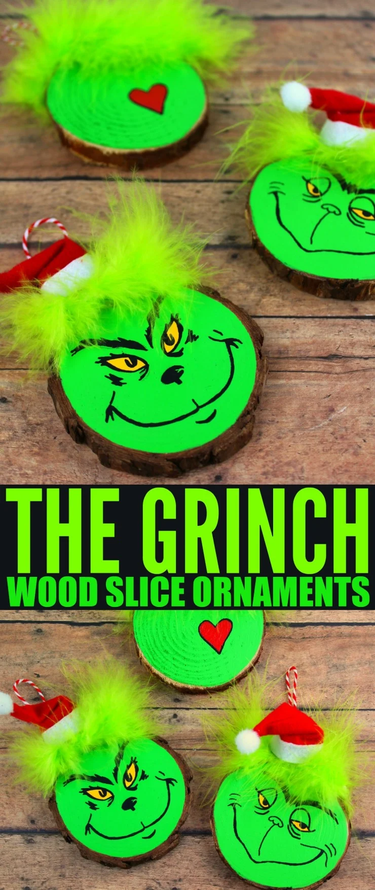 These Wood Slice Grinch Ornaments are a fun and festive holiday craft that make for great gifts and look great on a Christmas tree. We had so much fun making these Grinch inspired Christmas ornaments! 