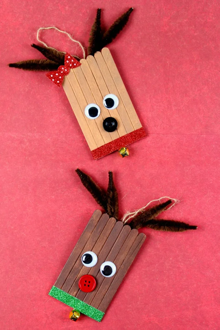 These Popsicle Stick Rudolph & Clarice Ornaments are an adorable and festive holiday craft that make for great gifts and look great on a Christmas tree. We had so much fun making these Christmas ornaments!