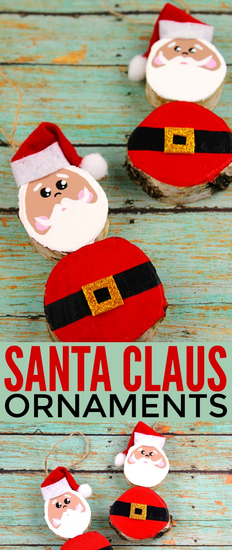 These Wood Slice Santa Claus Ornaments are an adorable and festive holiday craft that make for great keepsake gifts that look great on a Christmas tree.  We had so much fun making these Christmas ornaments! 