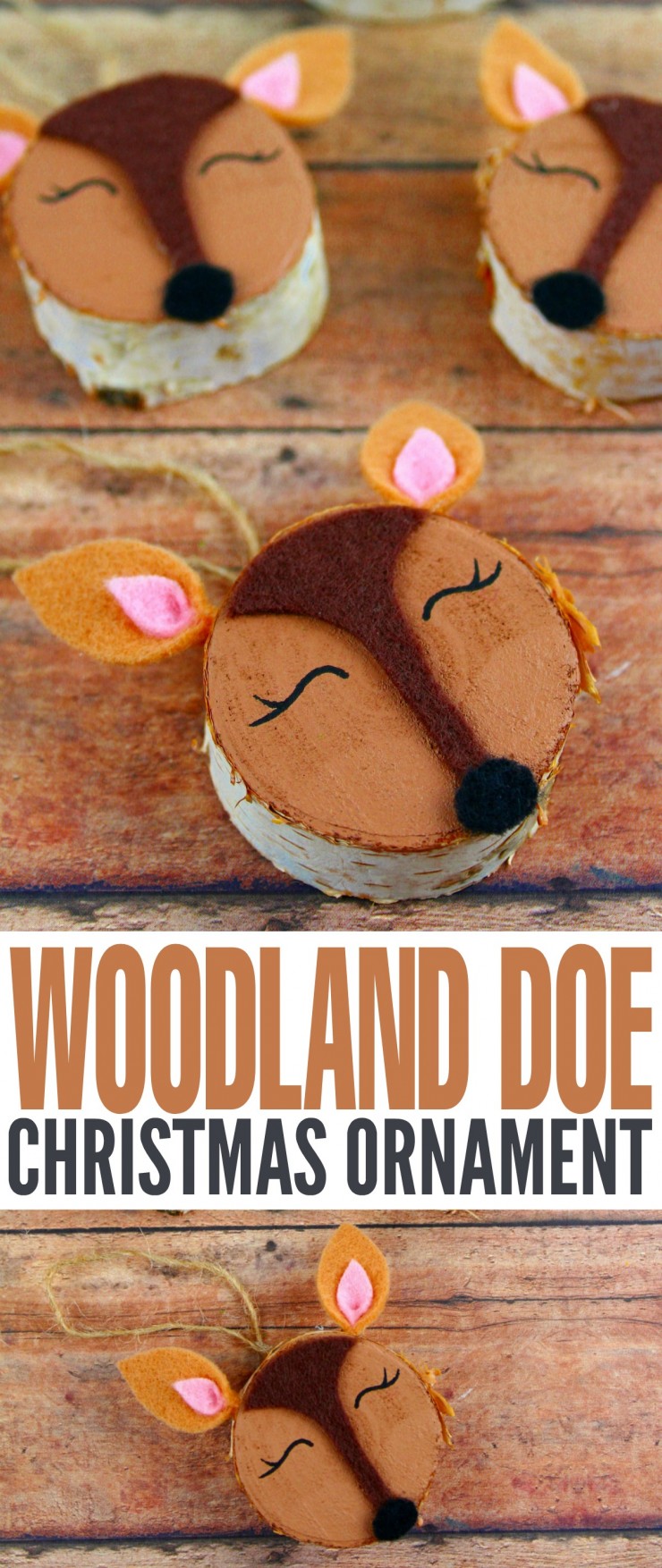 These Wood Slice Woodland Doe Ornaments are an adorable and festive holiday craft that make for great gifts and look great on a Christmas tree. We had so much fun making these rustic Christmas ornaments!
