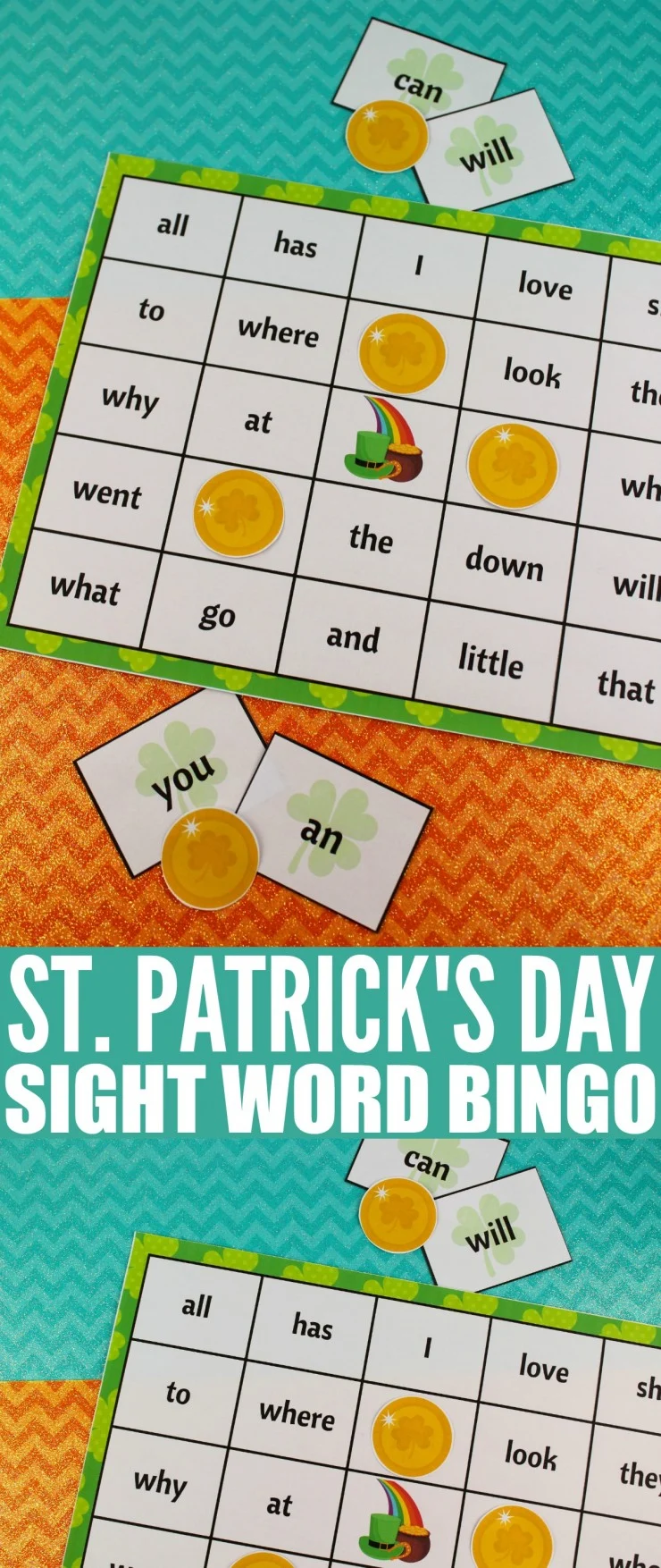 This free printable St. Patrick's Day Sight Word Bingo set are a super fun way to celebrate St. Patrick's Day while learning! Use them in the classroom or at home, early readers will love to play this sight word bingo game!