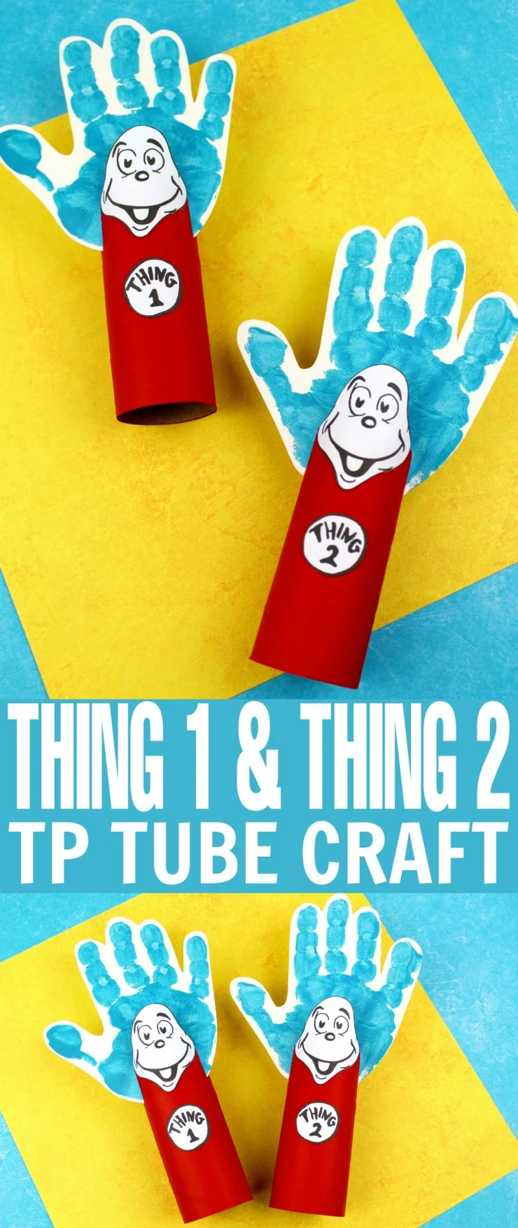 This Thing 1 and Thing 2 Toilet Paper Tube Craft is a fun kids craft that ties in really well with The Cat in the Hat. It's a perfect craft for Dr. Seuss day which is coming up on the March 2nd!