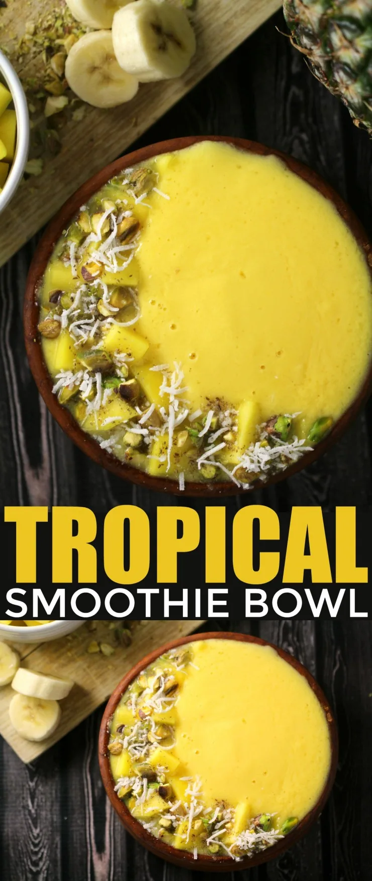 This Tropical Smoothie Bowl is a great choice for breakfast with the mellow sweetness of bananas and mango combined with the tang of pineapple for an irresistibly fresh bowl. 