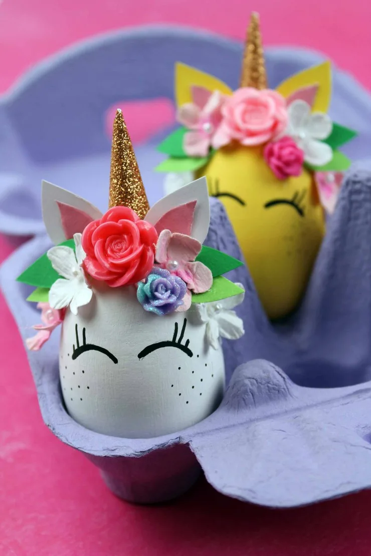These Unicorn Easter Eggs are an easy Easter craft that results in adorable home décor for the Easter season. These unicorns are just the cutest with their floral crowns and freckled cheeks!