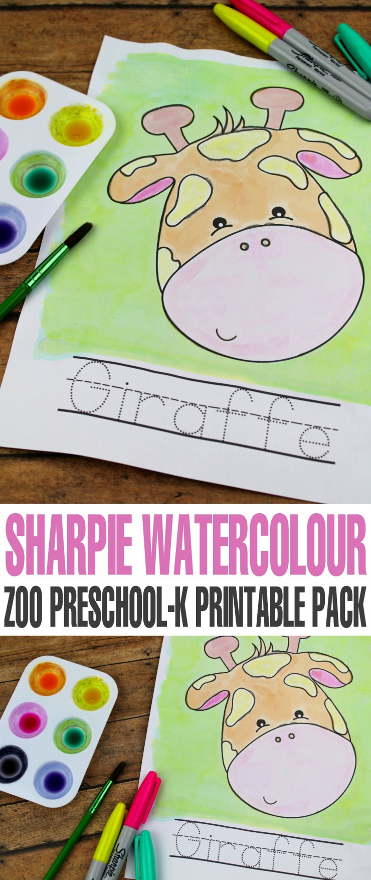 This Sharpie Watercolour Zoo Preschool-K Printable Pack features 16 pages of zoo animal themed fun for kids! Invite your children to paint the zoo animals! Let them trace the word with the paintbrush or a marker.
