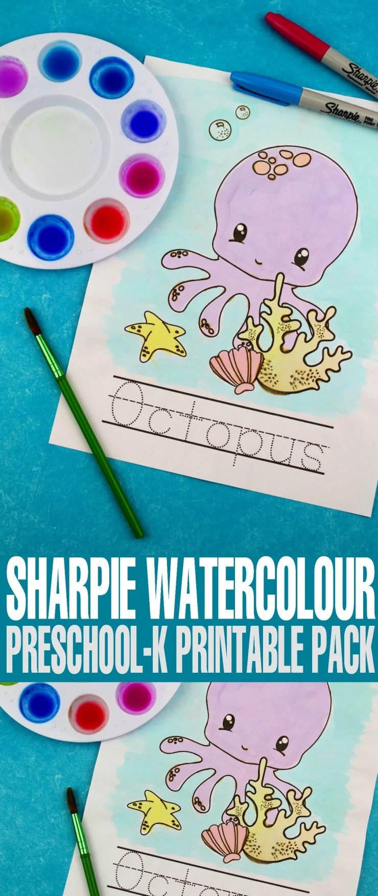This Sharpie Watercolor Ocean Preschool-K Printable Pack features 16 pages of ocean themed fun for kids! 