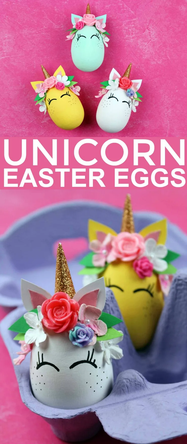 These Unicorn Easter Eggs are an easy Easter craft that results in adorable home décor for the Easter season. These unicorns are just the cutest with their floral crowns and freckled cheeks!