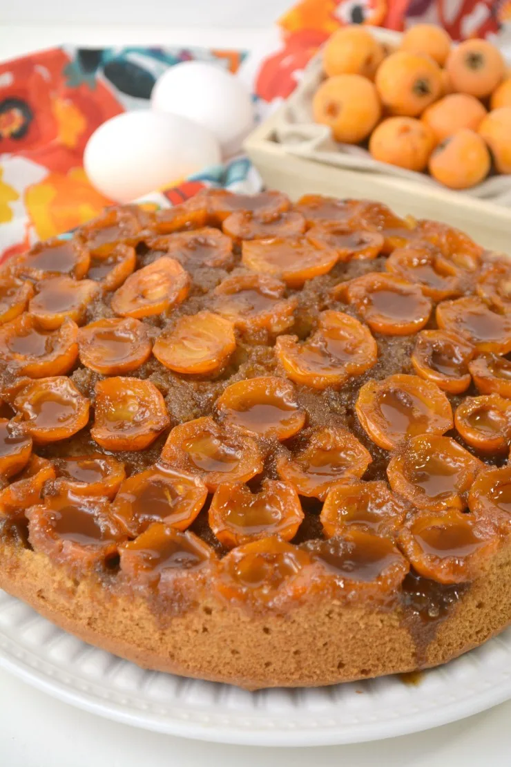 This Loquat Upside Down Cake looks impressive but is easy to make and absolutely delicious. Serve with coffee for a memorable after dinner treat. 