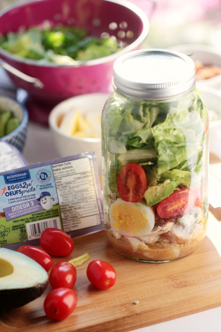 his Cobb Salad in a Jar recipe is a great way to make your weekdays easier by preparing them ahead of time so you can grab and go. It's a nutritious and filling salad packed full of protein.