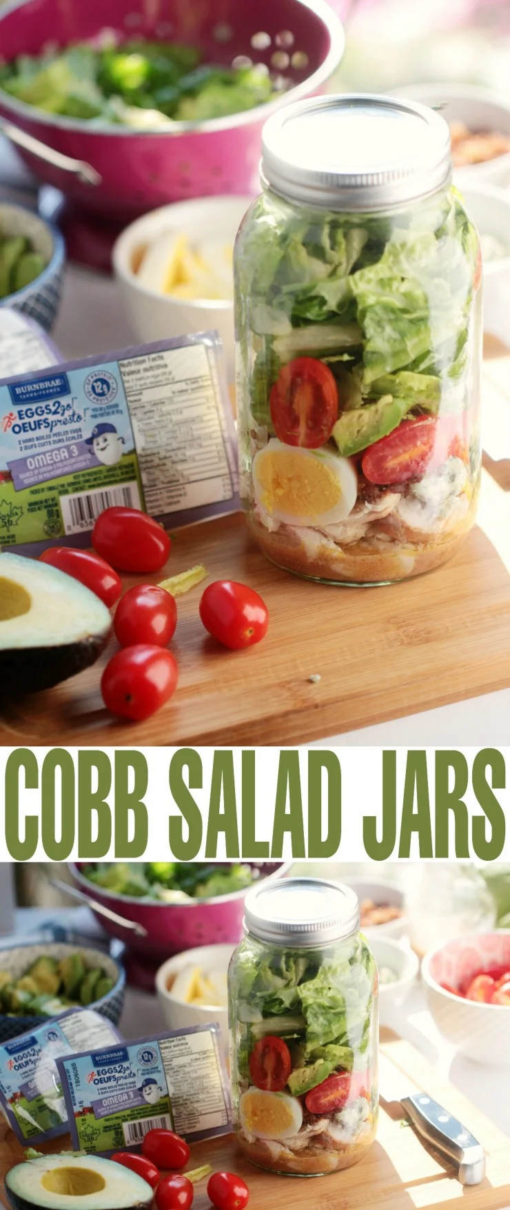 his Cobb Salad in a Jar recipe is a great way to make your weekdays easier by preparing them ahead of time so you can grab and go. It's a nutritious and filling salad packed full of protein.