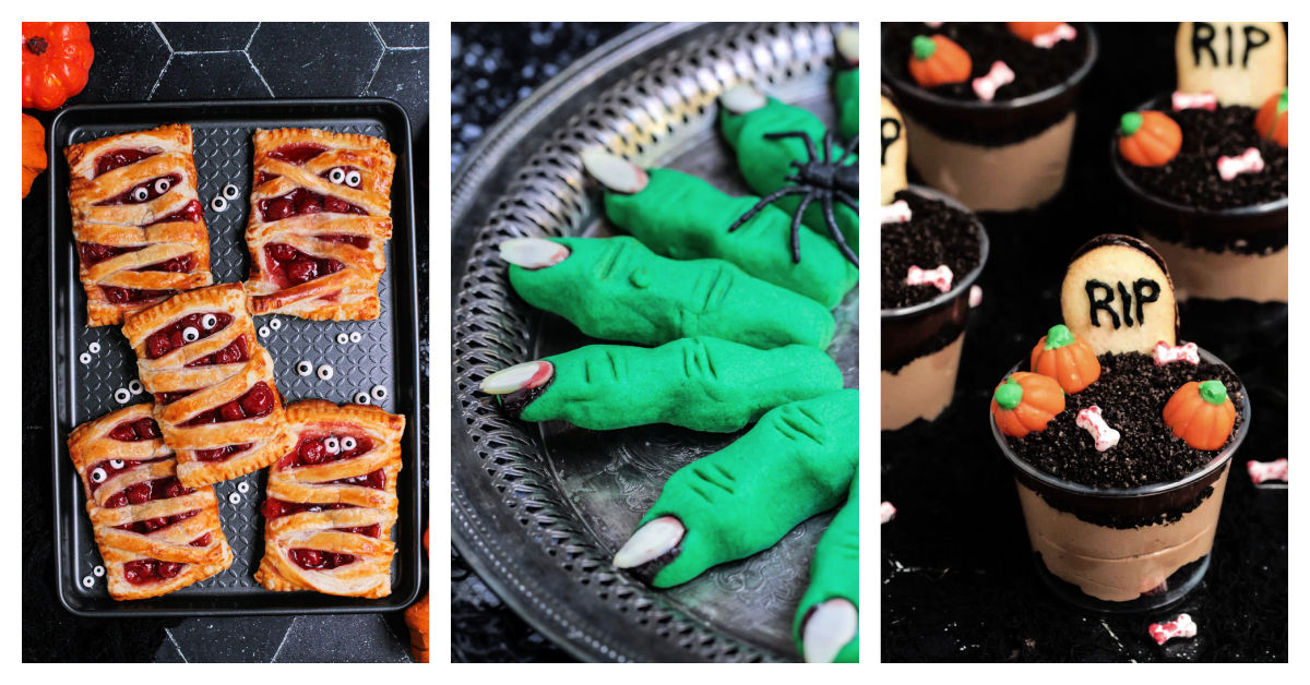 Featured Halloween recipes including Halloween mummy pastries, witch finger cookies, and Halloween dirt cups.