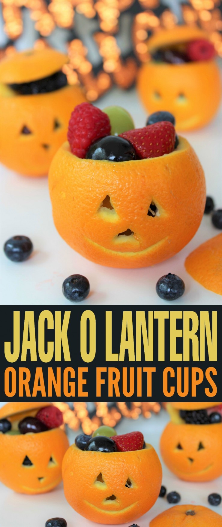These Jack O Lantern Orange Fruit Cups make for a a healthy but festive Halloween treat, perfect for spooky class parties!