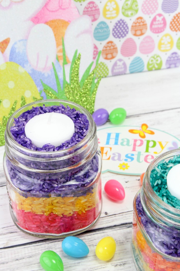 These Easter Rice Candles are super simple and frugal diy Easter tabletop décor your kids can make as soon as they are old enough not to stuff the rice in their face.   Aren't they adorable?
