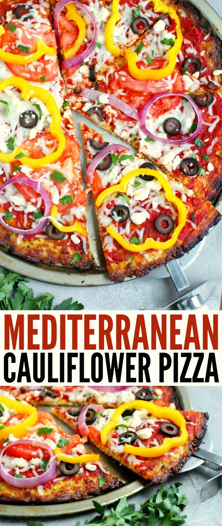 This low carb Mediterranean Cauliflower Pizza is a delicious and healthy twist on a family favourite. The crisp flavourful crust is sure to be a hit! 