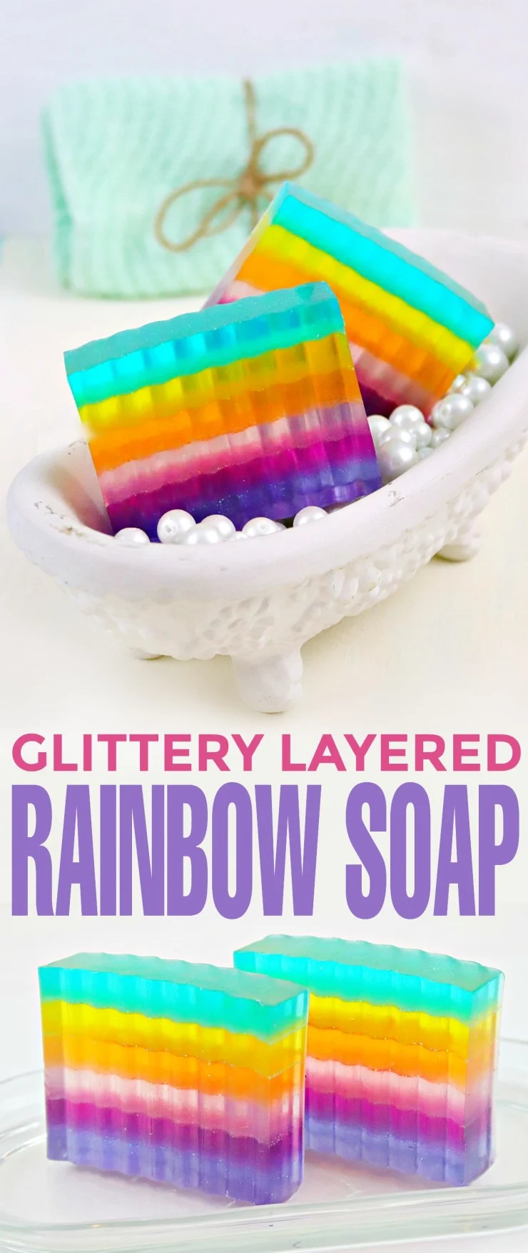 This apple scented DIY Glittery Layered Rainbow Soap is so pretty and perfect. Use at home or give as gifts, this soap is sure to leave you with joy!