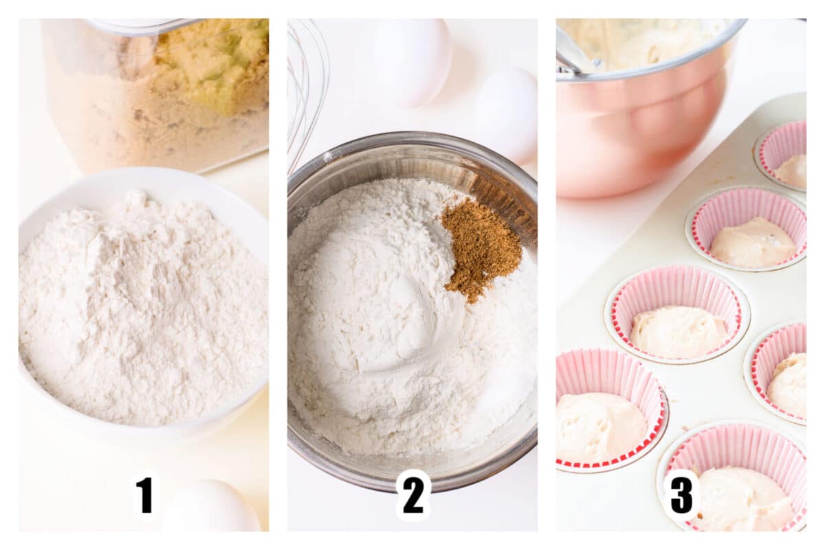 Cupcake batter prepared in a large metal bowl and scooped into cupcake liners.