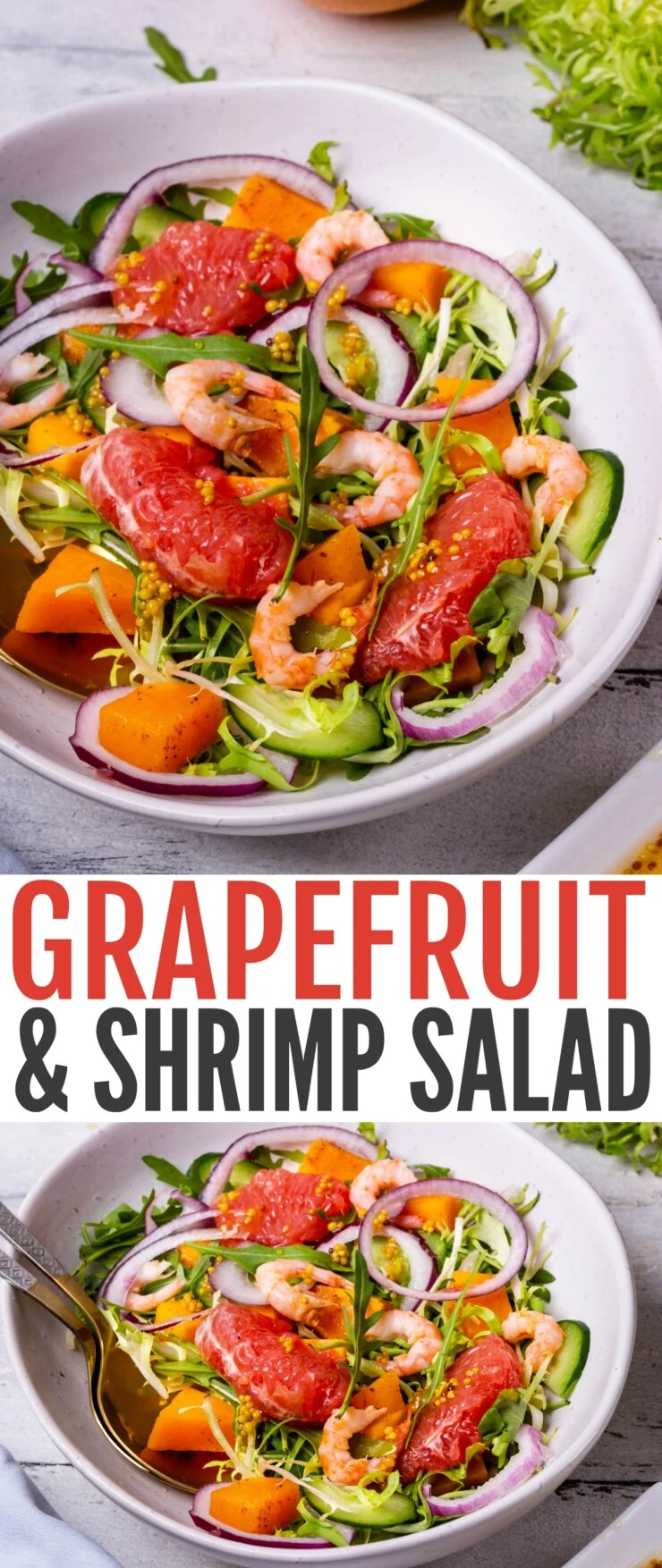 This Grapefruit & Shrimp Salad is just the perfect size for lunch for one but can easily be made for a crowd, simply multiply the ingredients for a delicious salad all will enjoy.