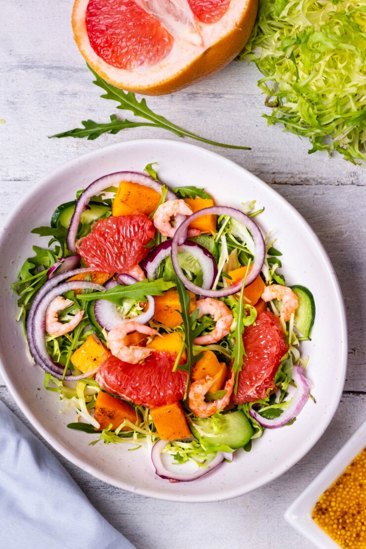 This Grapefruit & Shrimp Salad is just the perfect size for lunch for one but can easily be made for a crowd, simply multiply the ingredients for a delicious salad all will enjoy.