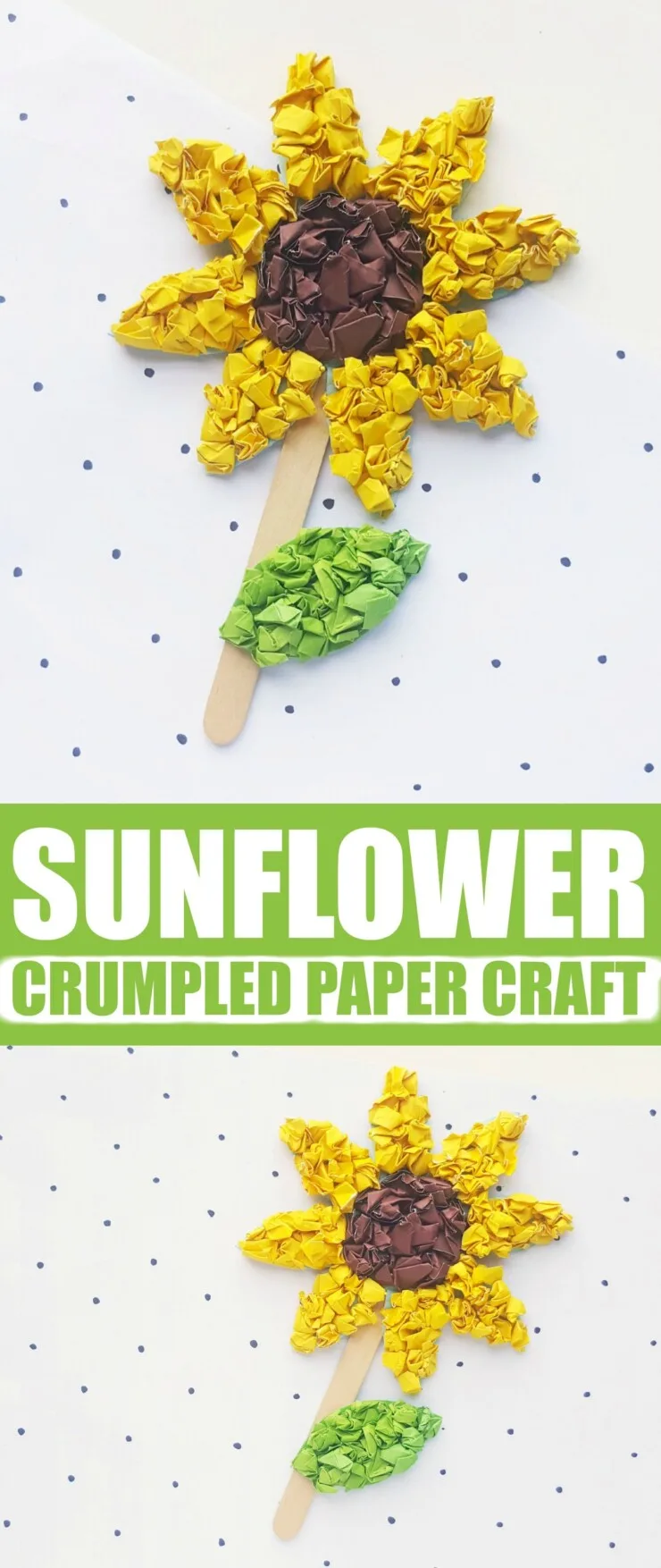 This Crumpled Paper Sunflower Craft is a fun summer craft for kids. The free printable sunflower template makes it an easy craft for anyone from preschoolers and up!