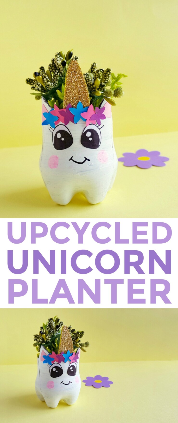 This Upcycled Unicorn Planter makes any space magical. This is a great bottle recycling craft for kids and adults alike!