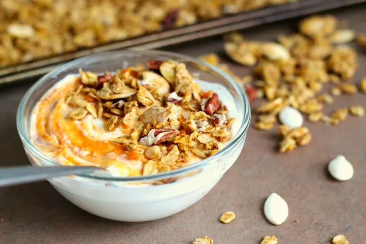  This gluten free Pumpkin Spice Granola recipe is filled with warm spices, filling granola and crunchy pumpkin seeds and pecans. Enjoy with creamy yogurt and a swirl of pumpkin pie filling for a healthy and filling fall breakfast.