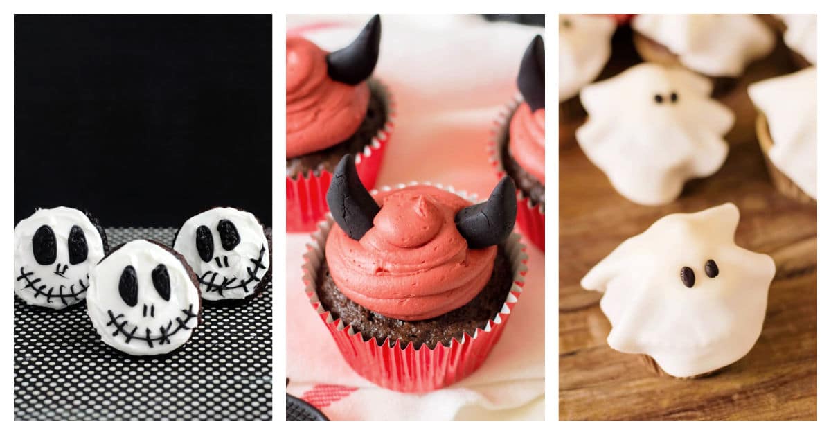 Featured Halloween cupcakes including Jack Skellington cupcakes, devil cupcakes, and ghost cupcakes.