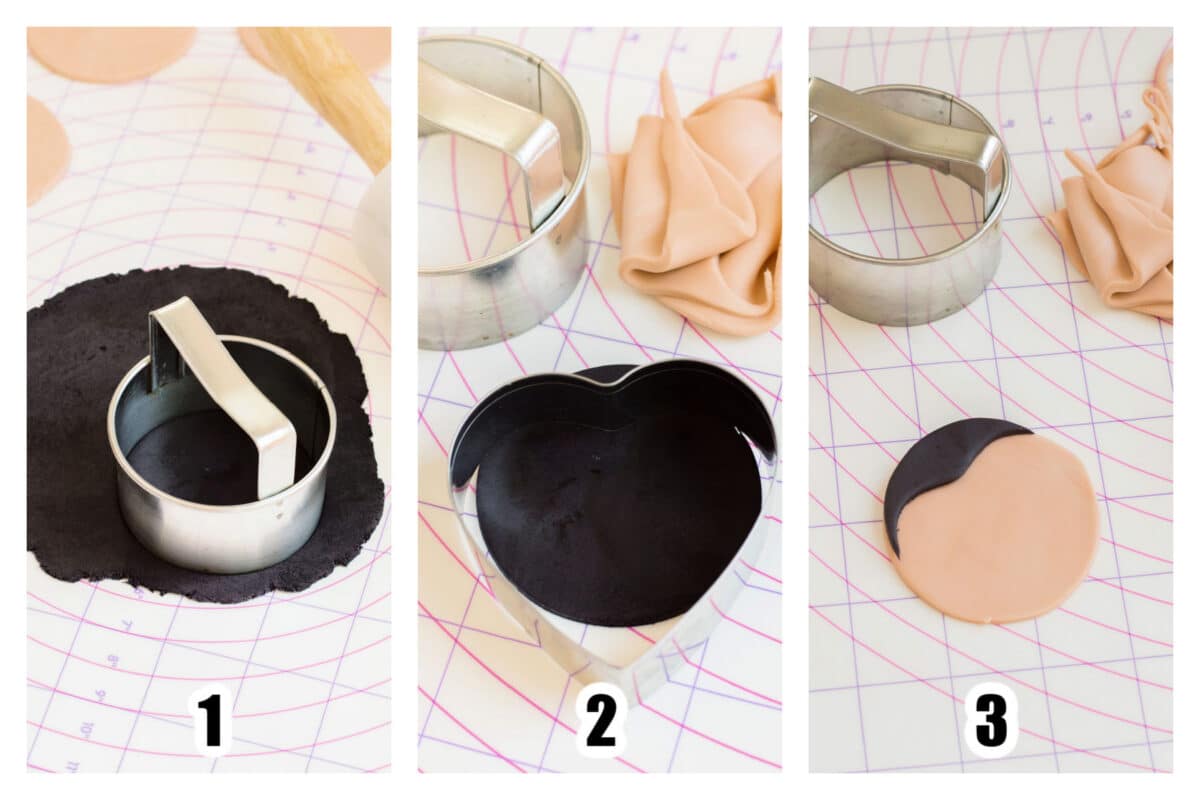 Black fondant cut out into circles with a biscuit cutter, the a widows peak cut out using a heart shaped cutter. Widows peak placed on top of beige circle.