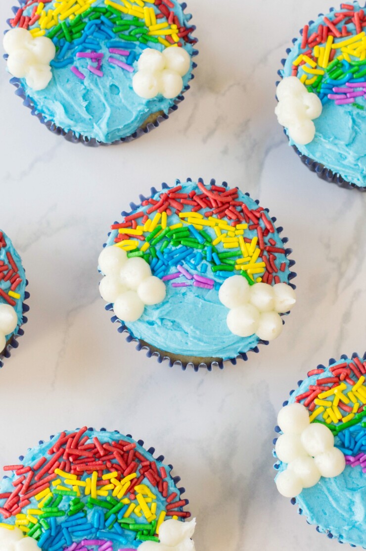 Rainbow sprinkle cupcakes are a cute and easy treat that are perfect for classroom St. Patrick's Day parties. Kids are sure to love these bright and colourful cupcakes!