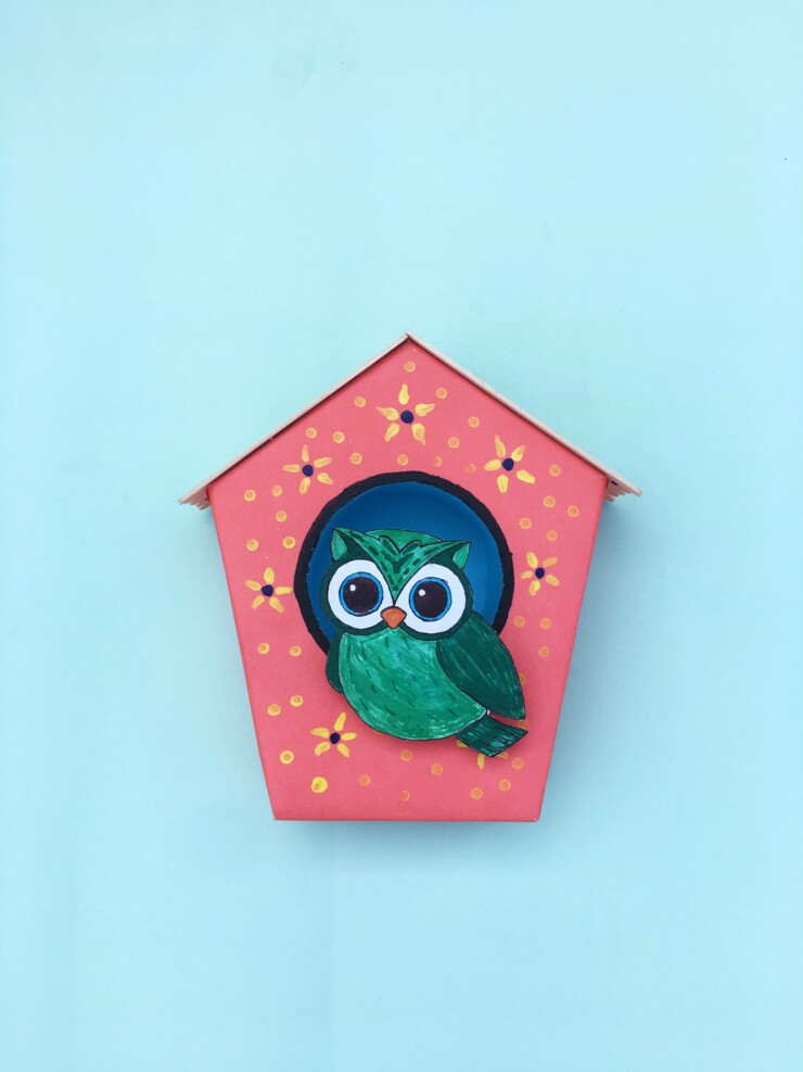 This fun kids craft sets your kids to repurpose old styrofoam to create an adorable Styrofoam And Paper Birdhouse. It's a cute paper craft for kids that all ages can enjoy. A perfect piece to decorate the outiside of a cardboard box home!