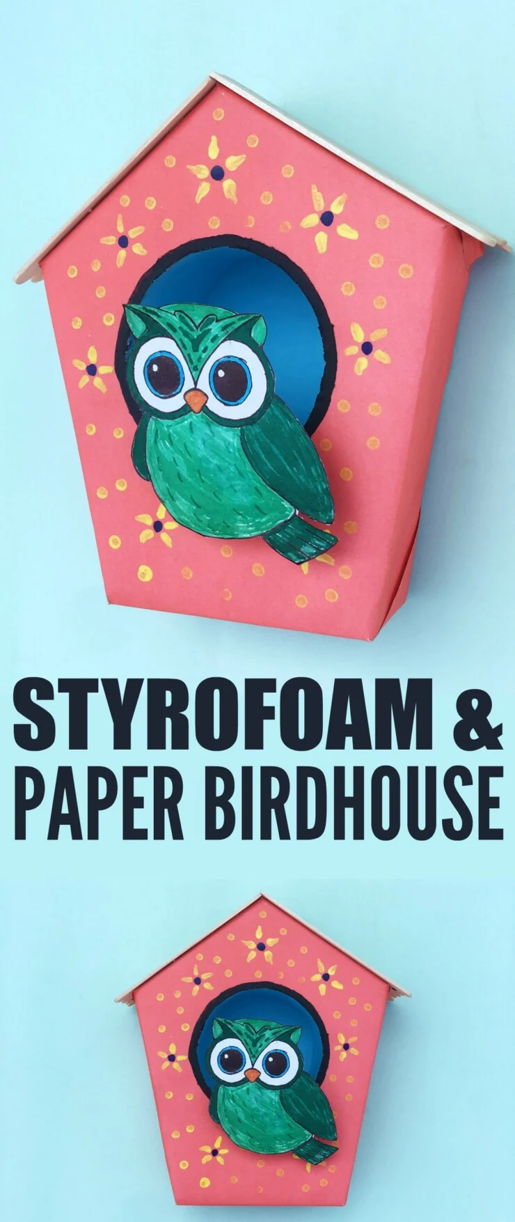 This fun kids craft sets your kids to repurpose old styrofoam to create an adorable Styrofoam And Paper Birdhouse. It's a cute paper craft for kids that all ages can enjoy. A perfect piece to decorate the outiside of a cardboard box home!